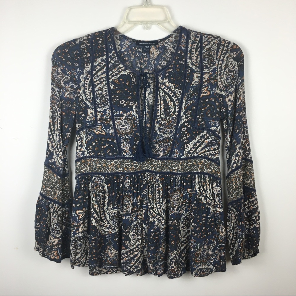 AEO Blue Paisley Peasant Blouse Top Bell Sleeve Tassel Tie Neck Velvet Trim XS